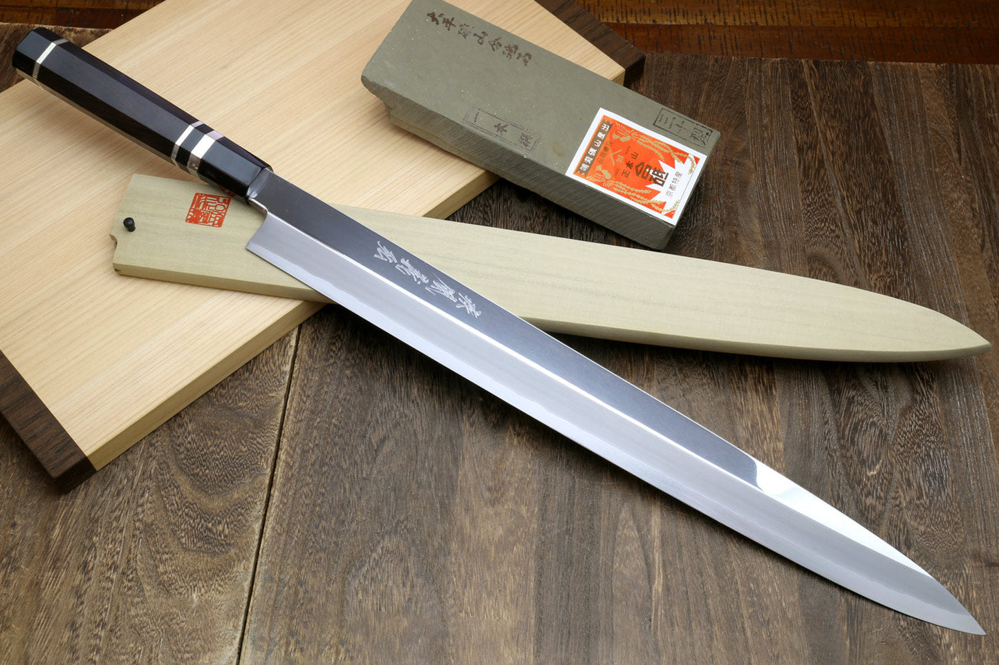 Yoshihiro Ginsan Mirror Polished Stain Resistant Steel Maguro Bocho Tuna Knife with Triple Silver Ring Ebony Handle (Yanagi Style) *Blade Length 17.7"