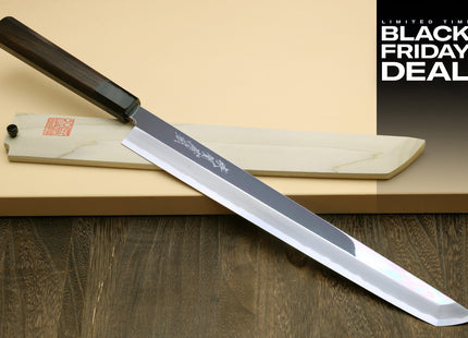 (BF Sale) Yoshihiro Ginsan Mirror Polished Stain Resistant Steel Sakimaru Takobiki Sushi Sashimi Slicing Japanese Knife, Ebony Handle (Blade Length 11.8" (300mm))