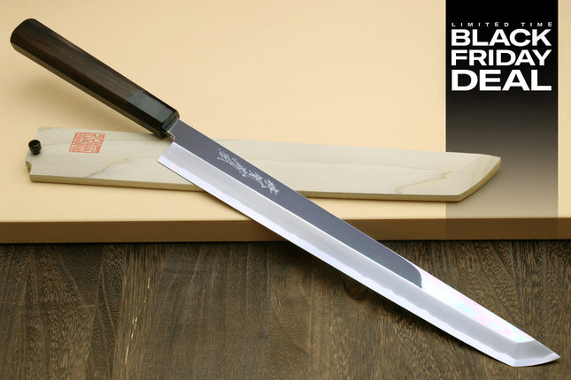 (BF Sale) Yoshihiro Ginsan Mirror Polished Stain Resistant Steel Sakimaru Takobiki Sushi Sashimi Slicing Japanese Knife, Ebony Handle (Blade Length 11.8" (300mm))