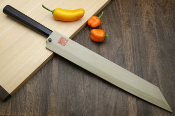 Yanagi kiritsuke sushi knife with mirror-polished stainless blade and dark handle