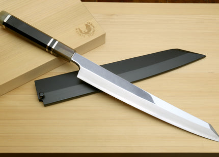 Yoshihiro Gintsuru Ginsan Stainless Steel Yanagi Kiritsuke Mirror Finished Sushi Sashimi Japanese Knife Ebony Handle with Triple Ring Ebony Handle