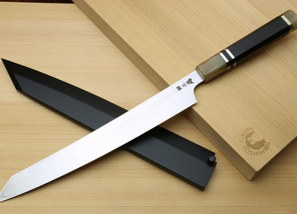 Yoshihiro Gintsuru Ginsan Stainless Steel Yanagi Kiritsuke Mirror Finished Sushi Sashimi Japanese Knife Ebony Handle with Triple Ring Ebony Handle