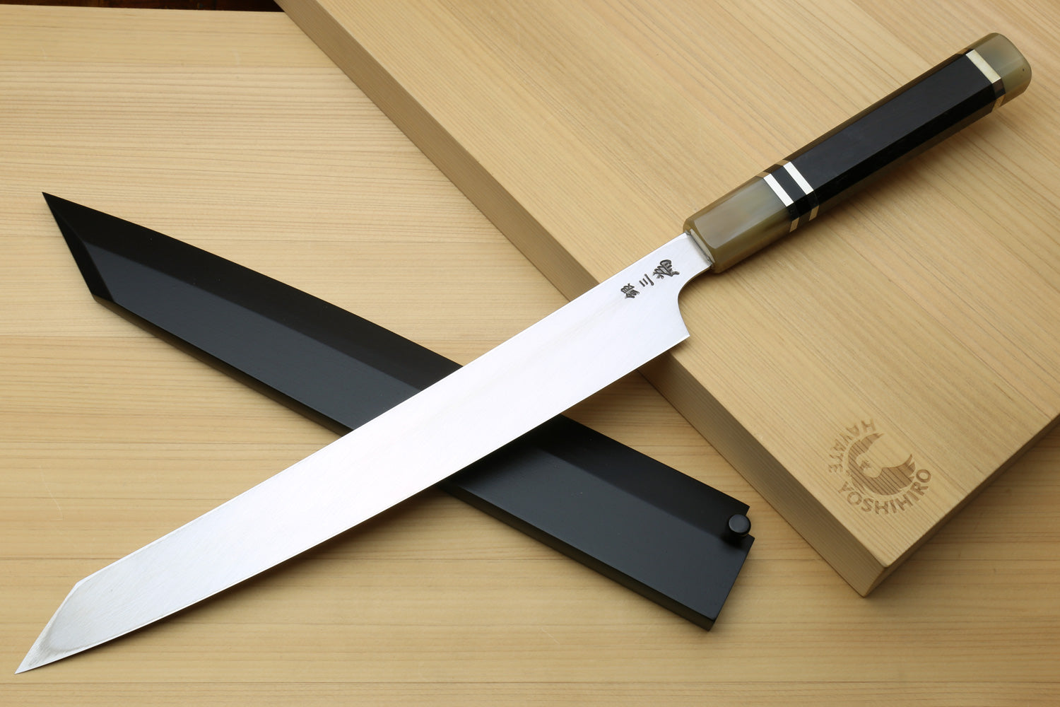 Yoshihiro Gintsuru Ginsan Stainless Steel Yanagi Kiritsuke Mirror Finished Sushi Sashimi Japanese Knife Ebony Handle with Triple Ring Ebony Handle