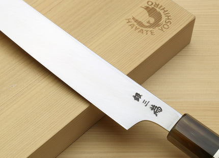 Yoshihiro Gintsuru Ginsan Stainless Steel Yanagi Kiritsuke Mirror Finished Sushi Sashimi Japanese Knife Ebony Handle with Triple Ring Ebony Handle