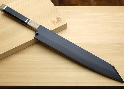 Yoshihiro Gintsuru Ginsan Stainless Steel Yanagi Kiritsuke Mirror Finished Sushi Sashimi Japanese Knife Ebony Handle with Triple Ring Ebony Handle