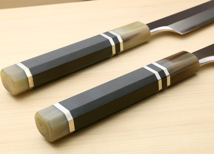 Yoshihiro Gintsuru Ginsan Stainless Steel Yanagi Kiritsuke Mirror Finished Sushi Sashimi Japanese Knife Ebony Handle with Triple Ring Ebony Handle