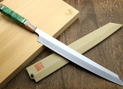 Yoshihiro Gintsuru Ginsan Stainless Steel Yanagi Kiritsuke Sushi Sashimi Japanese Knife with Stabilized Maple Burl Handle and Magnolia Saya Cover
