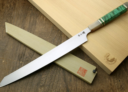 Yoshihiro Gintsuru Ginsan Stainless Steel Yanagi Kiritsuke Sushi Sashimi Japanese Knife with Stabilized Maple Burl Handle and Magnolia Saya Cover