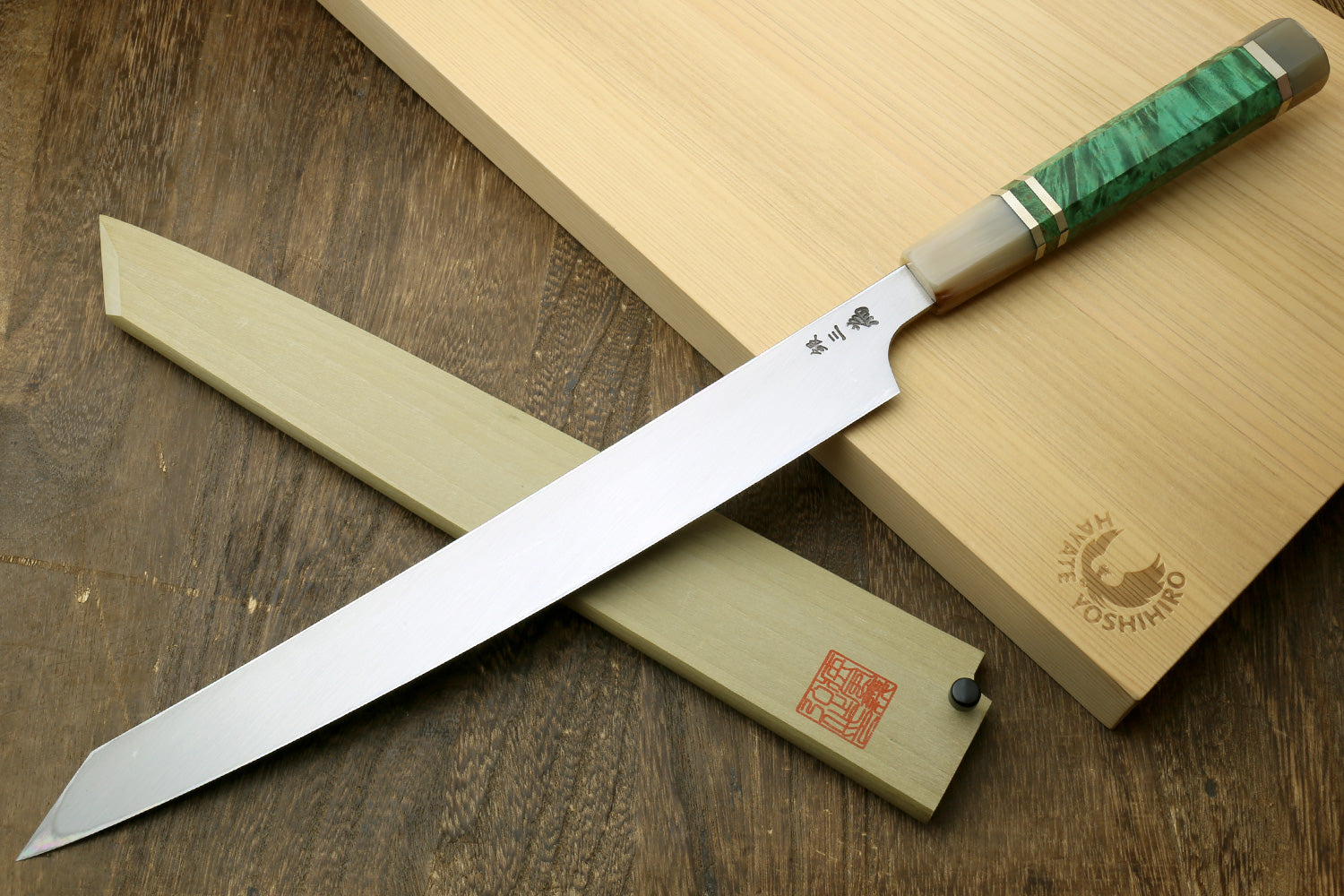 Yoshihiro Gintsuru Ginsan Stainless Steel Yanagi Kiritsuke Sushi Sashimi Japanese Knife with Stabilized Maple Burl Handle and Magnolia Saya Cover