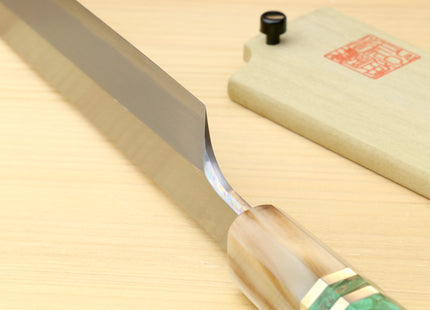 Yoshihiro Gintsuru Ginsan Stainless Steel Yanagi Kiritsuke Sushi Sashimi Japanese Knife with Stabilized Maple Burl Handle and Magnolia Saya Cover