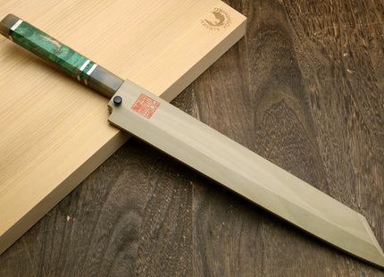 Yoshihiro Gintsuru Ginsan Stainless Steel Yanagi Kiritsuke Sushi Sashimi Japanese Knife with Stabilized Maple Burl Handle and Magnolia Saya Cover
