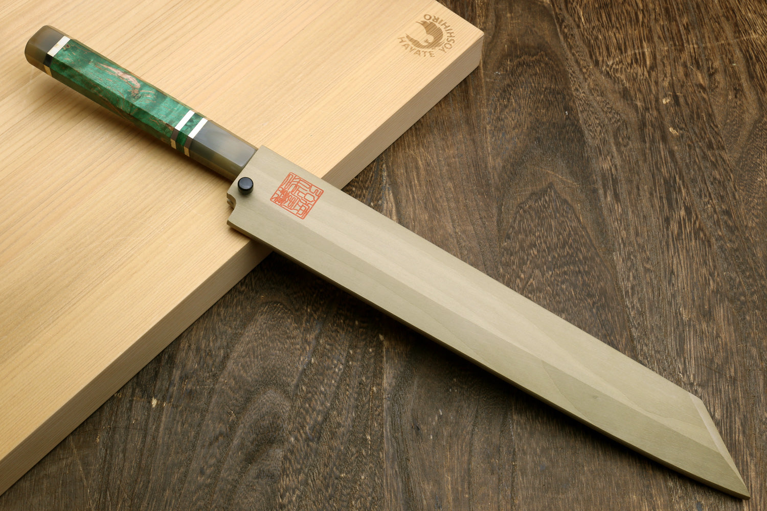 Yoshihiro Gintsuru Ginsan Stainless Steel Yanagi Kiritsuke Sushi Sashimi Japanese Knife with Stabilized Maple Burl Handle and Magnolia Saya Cover