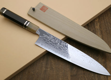 Yoshihiro HAP40 High Speed Stainless Steel Damascus Gyuto Chefs Knife, Octagonal Ebony Wood Handle with Triple Ring