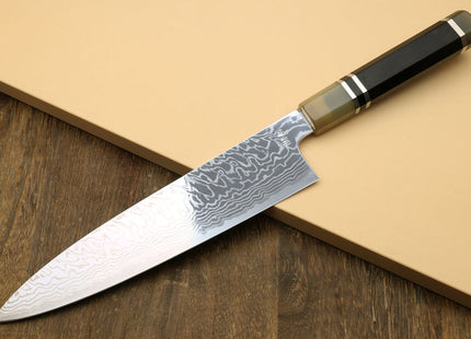 Yoshihiro HAP40 High Speed Stainless Steel Damascus Gyuto Chefs Knife, Octagonal Ebony Wood Handle with Triple Ring
