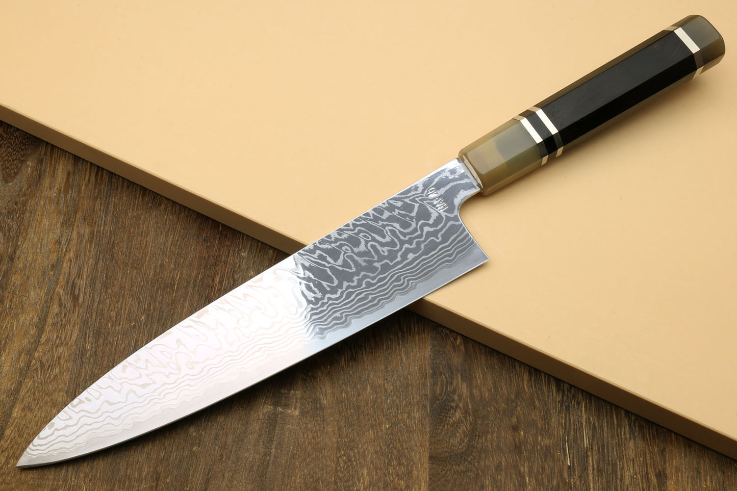 Yoshihiro HAP40 High Speed Stainless Steel Damascus Gyuto Chefs Knife, Octagonal Ebony Wood Handle with Triple Ring