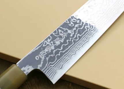 Yoshihiro HAP40 High Speed Stainless Steel Damascus Gyuto Chefs Knife, Octagonal Ebony Wood Handle with Triple Ring