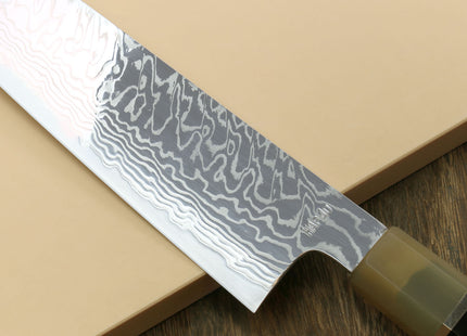 Yoshihiro HAP40 High Speed Stainless Steel Damascus Gyuto Chefs Knife, Octagonal Ebony Wood Handle with Triple Ring