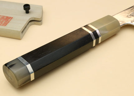 Yoshihiro HAP40 High Speed Stainless Steel Damascus Gyuto Chefs Knife, Octagonal Ebony Wood Handle with Triple Ring