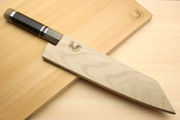 Kiritsuke chef knife with ebony handle and wooden box-style sheath