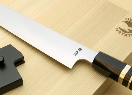 Yoshihiro HAP40 High Speed Stainless Steel Sujihiki-Kiritsuke Slicer Knife Triple Nickel Silver Ring and Ebony Handle