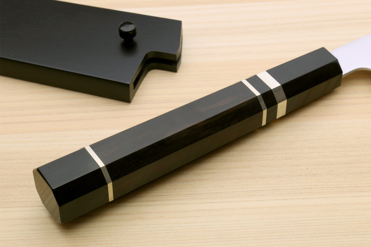Sujihiki slicer knife handle end with triple nickel ring and black grip