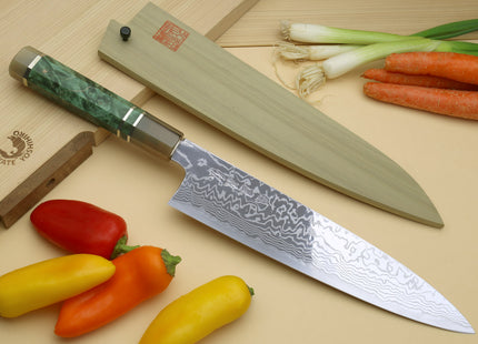 Yoshihiro HAP40 High Speed Stainless Steel Suminagashi Gyuto Chefs Knife, Triple Ring Stabilized Maple Burl Handle