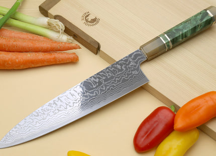 Yoshihiro HAP40 High Speed Stainless Steel Suminagashi Gyuto Chefs Knife, Triple Ring Stabilized Maple Burl Handle
