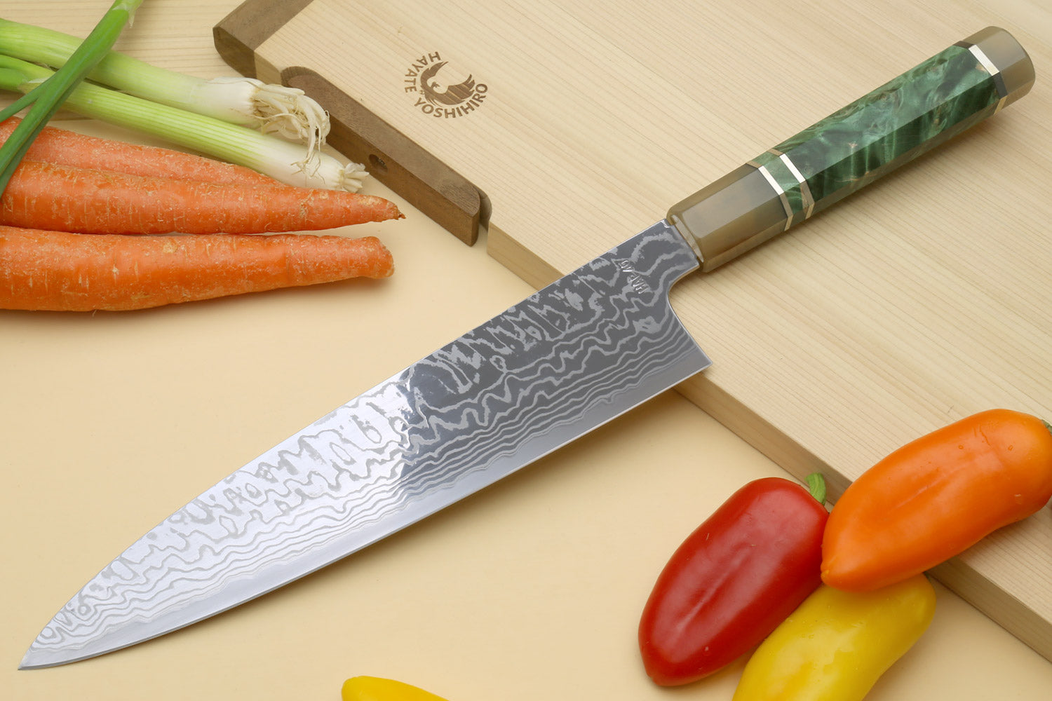 Yoshihiro HAP40 High Speed Stainless Steel Suminagashi Gyuto Chefs Knife, Triple Ring Stabilized Maple Burl Handle