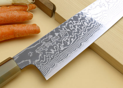 Yoshihiro HAP40 High Speed Stainless Steel Suminagashi Gyuto Chefs Knife, Triple Ring Stabilized Maple Burl Handle