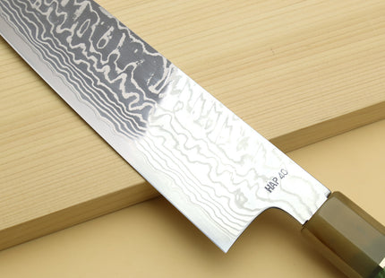 Yoshihiro HAP40 High Speed Stainless Steel Suminagashi Gyuto Chefs Knife, Triple Ring Stabilized Maple Burl Handle