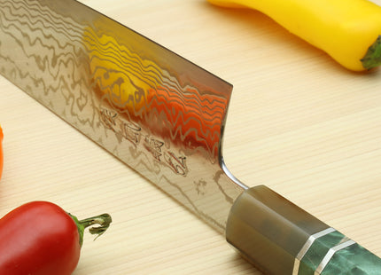 Yoshihiro HAP40 High Speed Stainless Steel Suminagashi Gyuto Chefs Knife, Triple Ring Stabilized Maple Burl Handle