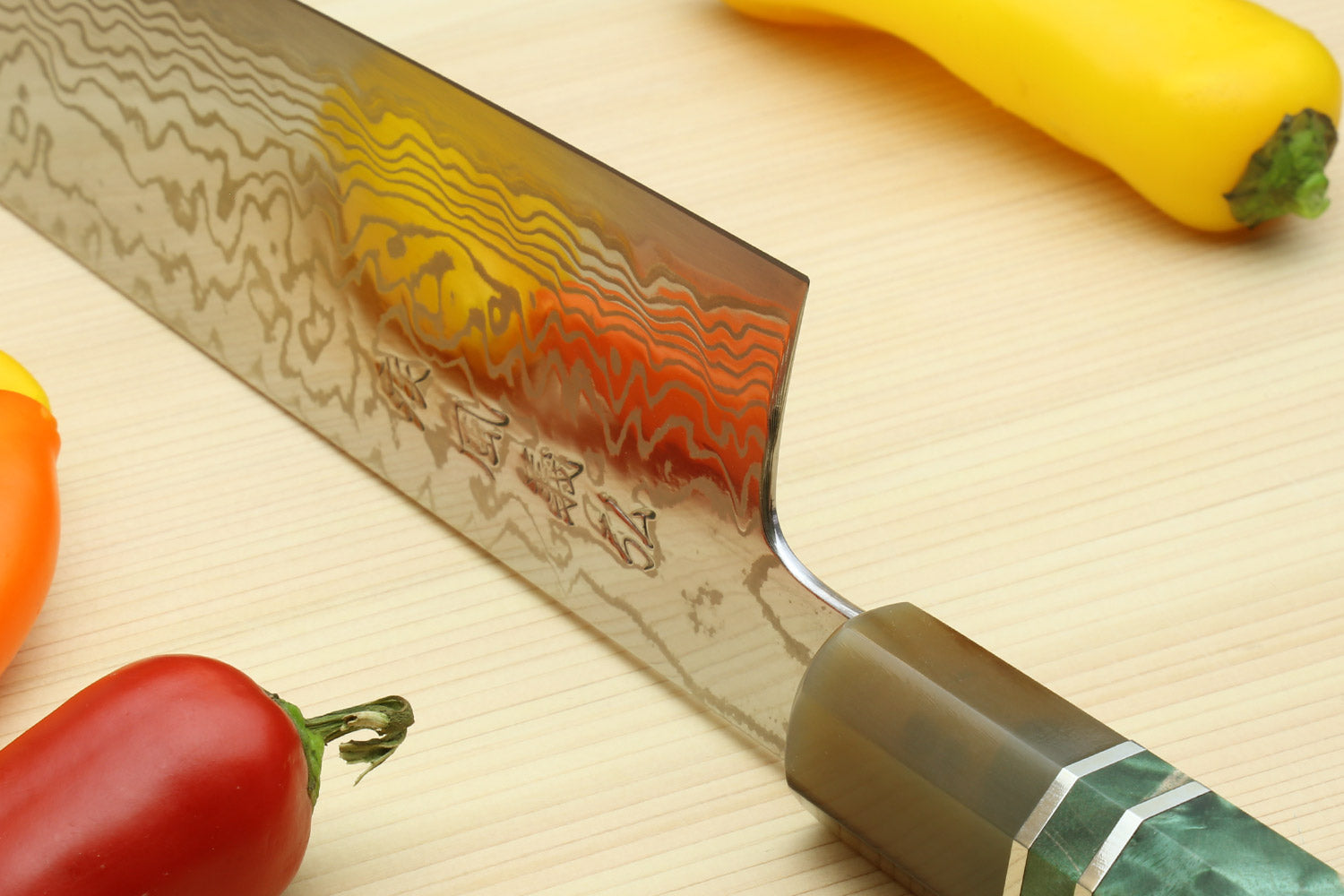 Yoshihiro HAP40 High Speed Stainless Steel Suminagashi Gyuto Chefs Knife, Triple Ring Stabilized Maple Burl Handle