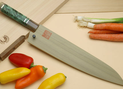 Yoshihiro HAP40 High Speed Stainless Steel Suminagashi Gyuto Chefs Knife, Triple Ring Stabilized Maple Burl Handle