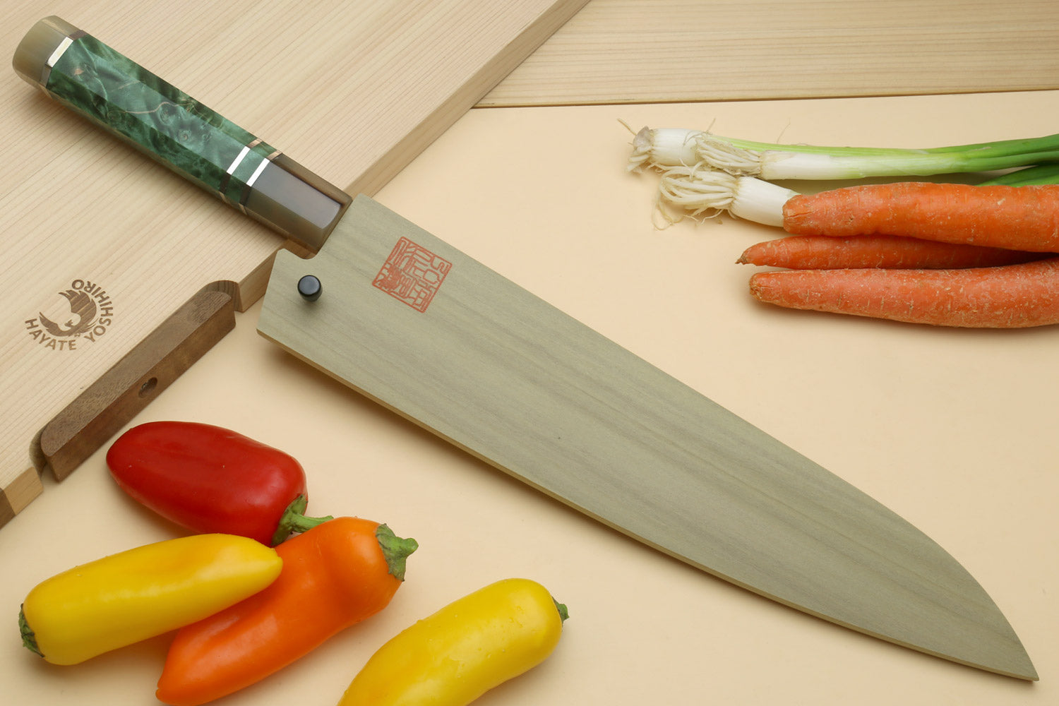 Yoshihiro HAP40 High Speed Stainless Steel Suminagashi Gyuto Chefs Knife, Triple Ring Stabilized Maple Burl Handle