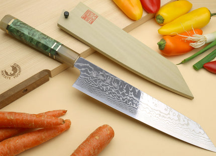 Yoshihiro HAP40 High Speed Stainless Steel Suminagashi Kiritsuke Multipurpose Chefs Knife, Triple Ring Stabilized Maple Burl Handle