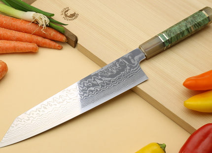 Yoshihiro HAP40 High Speed Stainless Steel Suminagashi Kiritsuke Multipurpose Chefs Knife, Triple Ring Stabilized Maple Burl Handle