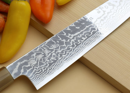 Yoshihiro HAP40 High Speed Stainless Steel Suminagashi Kiritsuke Multipurpose Chefs Knife, Triple Ring Stabilized Maple Burl Handle