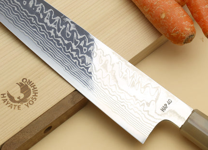 Yoshihiro HAP40 High Speed Stainless Steel Suminagashi Kiritsuke Multipurpose Chefs Knife, Triple Ring Stabilized Maple Burl Handle