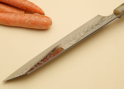 Yoshihiro HAP40 High Speed Stainless Steel Suminagashi Kiritsuke Multipurpose Chefs Knife, Triple Ring Stabilized Maple Burl Handle