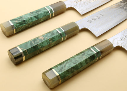 Yoshihiro HAP40 High Speed Stainless Steel Suminagashi Kiritsuke Multipurpose Chefs Knife, Triple Ring Stabilized Maple Burl Handle
