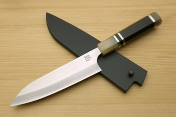 6-inch petty utility chef knife with stainless blade, dark handle, black blade guard