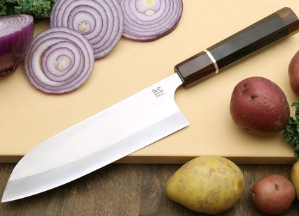 Yoshihiro Hayate ZDP-189 Super High Carbon Stainless Steel Santoku Multipurpose Knife 7" (180mm) Ebony Handle with Sterling Silver Ring Nuri Saya Cover