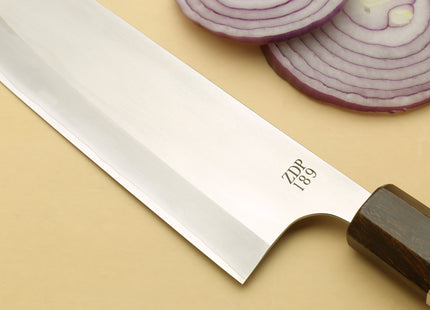 Yoshihiro Hayate ZDP-189 Super High Carbon Stainless Steel Santoku Multipurpose Knife 7" (180mm) Ebony Handle with Sterling Silver Ring Nuri Saya Cover
