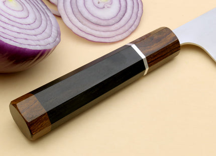 Yoshihiro Hayate ZDP-189 Super High Carbon Stainless Steel Santoku Multipurpose Knife 7" (180mm) Ebony Handle with Sterling Silver Ring Nuri Saya Cover