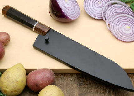 Yoshihiro Hayate ZDP-189 Super High Carbon Stainless Steel Santoku Multipurpose Knife 7" (180mm) Ebony Handle with Sterling Silver Ring Nuri Saya Cover