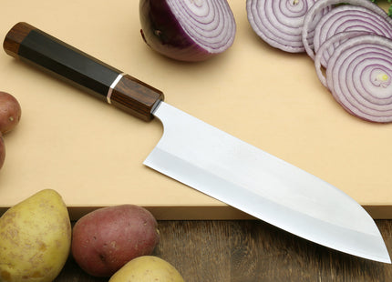 Yoshihiro Hayate ZDP-189 Super High Carbon Stainless Steel Santoku Multipurpose Knife 7" (180mm) Ebony Handle with Sterling Silver Ring Nuri Saya Cover