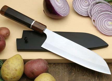 Yoshihiro Hayate ZDP-189 Super High Carbon Stainless Steel Santoku Multipurpose Knife 7" (180mm) Ebony Handle with Sterling Silver Ring Nuri Saya Cover
