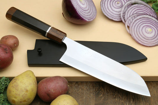 Yoshihiro Hayate ZDP-189 Super High Carbon Stainless Steel Santoku Multipurpose Knife 7" (180mm) Ebony Handle with Sterling Silver Ring Nuri Saya Cover