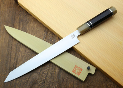 Yoshihiro Hayate ZDP-189 Super High Carbon Stainless Steel Sujihiki Kiritsuke Knife Octagonal Triple Ring Ebony Handle with Water Buffalo Horn Bolster