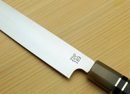 Yoshihiro Hayate ZDP-189 Super High Carbon Stainless Steel Sujihiki Kiritsuke Knife Octagonal Triple Ring Ebony Handle with Water Buffalo Horn Bolster